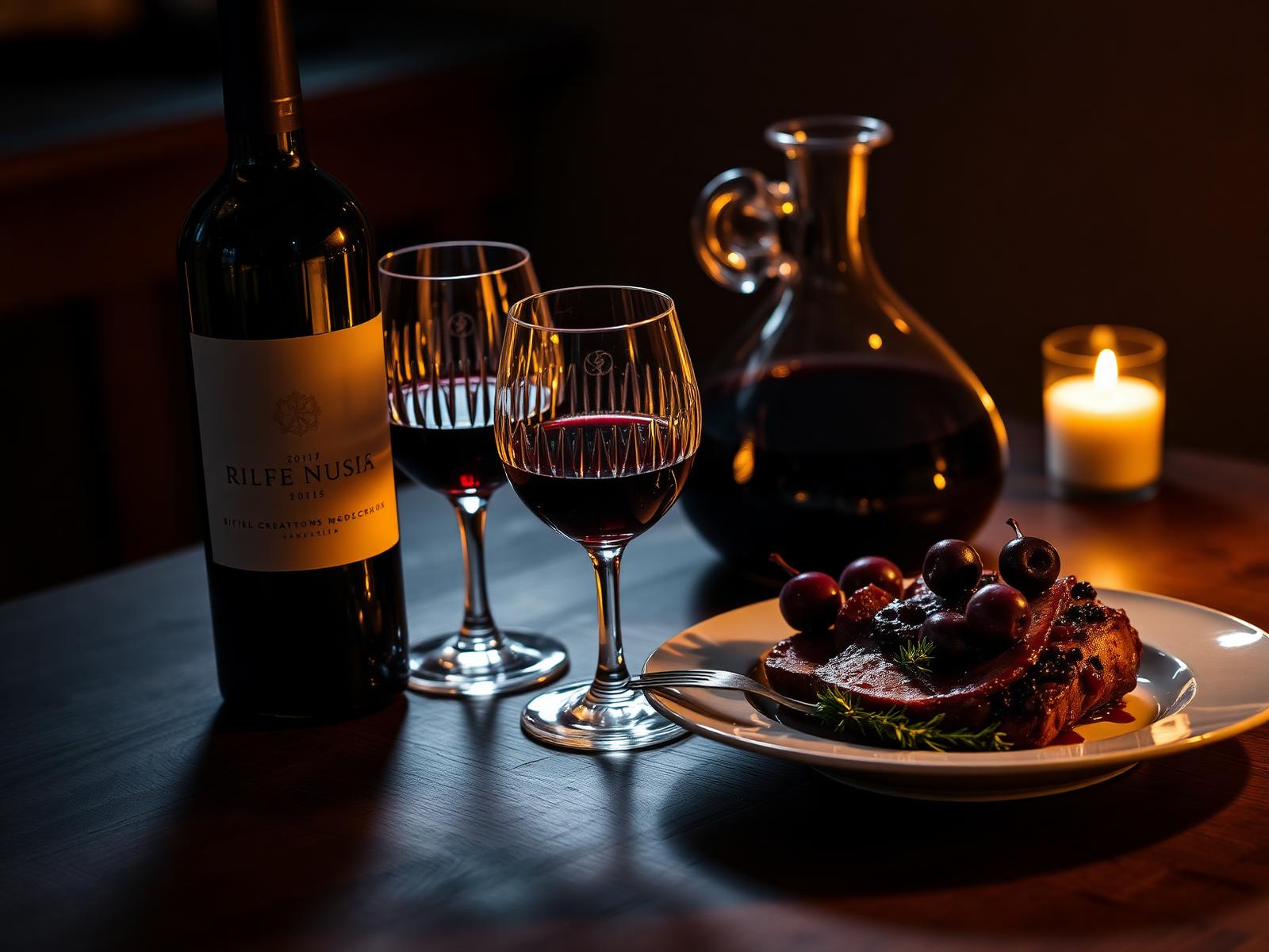 A decanted bottle of red wine paired with a plated dish of duck and cherries by candlelight